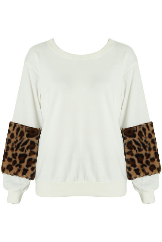 white Leopard Fur Patched Sleeves Sweatshirt