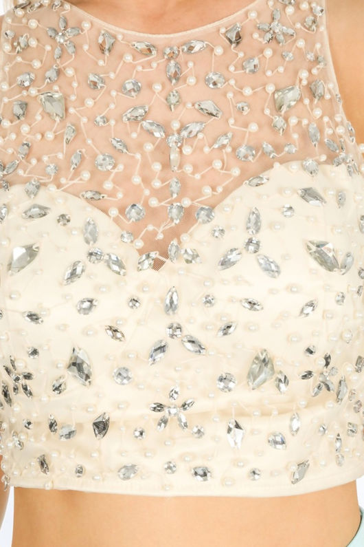 Embellished Bustier Top With Mesh Overlay In Cream