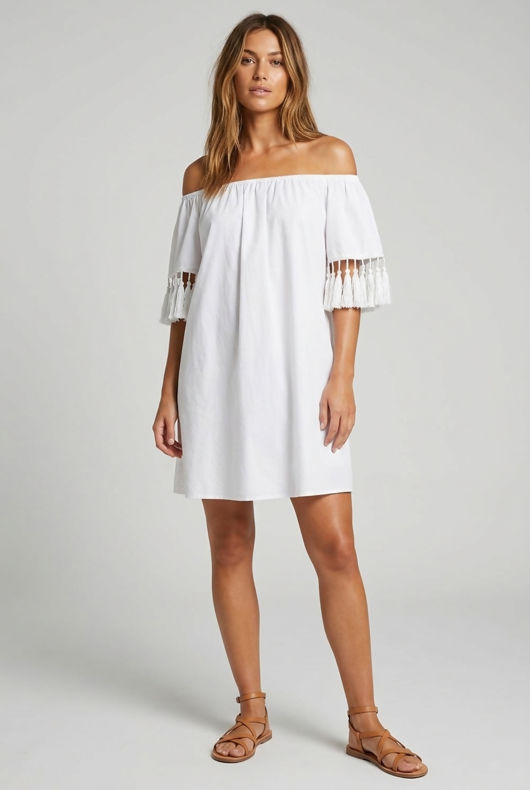White Elasticated Off Shoulder Fringed Shift Dress