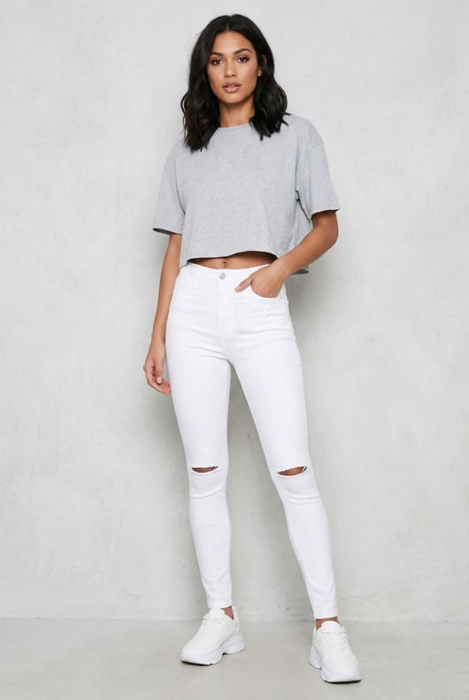 White Ripped Knee Skinny Tube Jean
