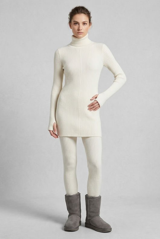 White Ribbed Polo Neck Loungewear Set