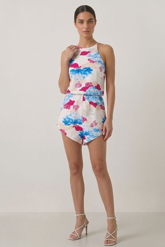 Cream & Blue Floral Print Playsuit