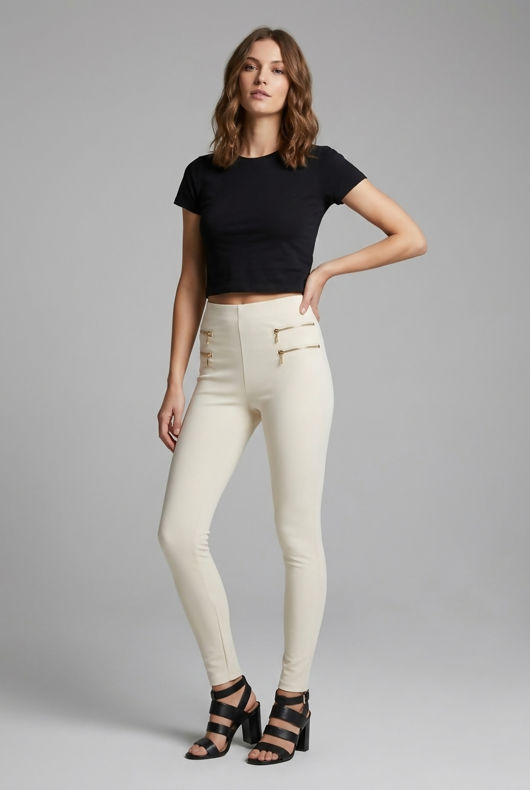 Cream Double Gold Zip Pocketed High Waist Jeggings