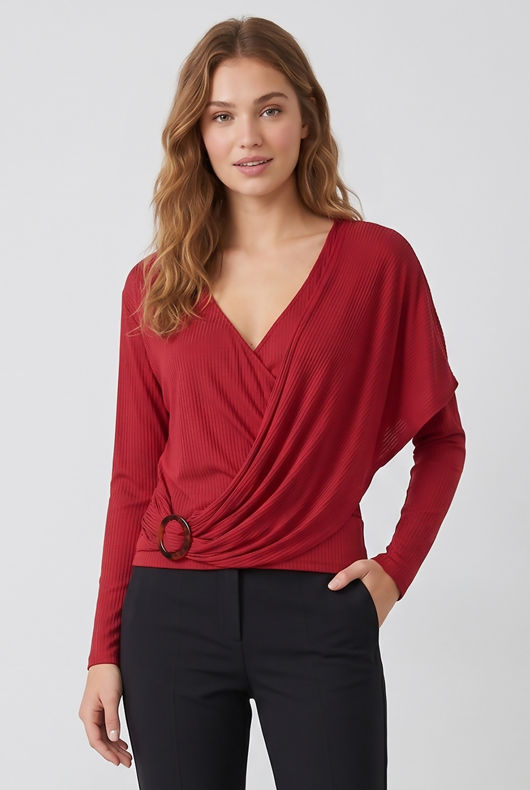 Wine Ribbed O Ring Shawl Overlap Blouse