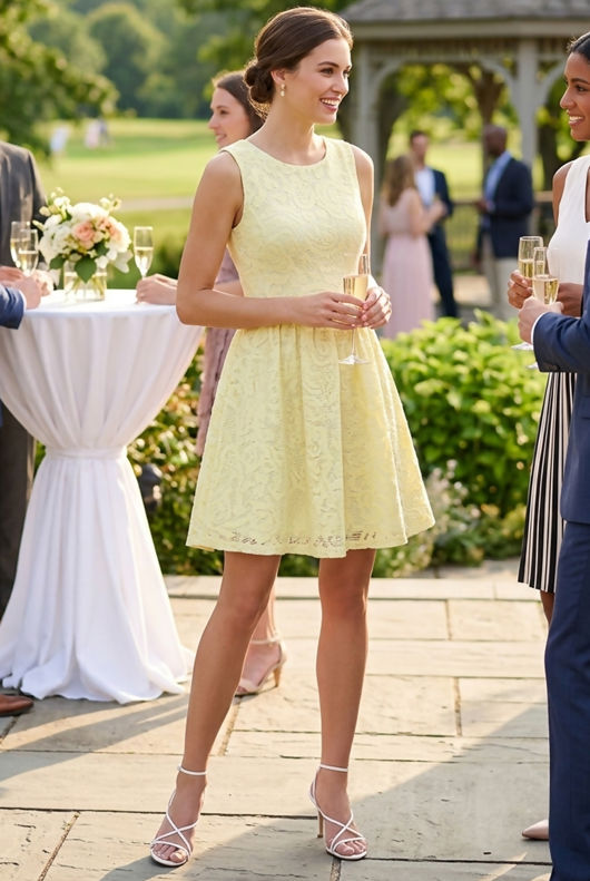 Yellow Floral Textured Back Zip Up Flared Dress 