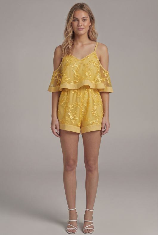 Applique Motif Overlay Playsuit In Yellow