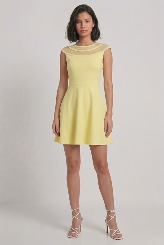 Yellow Block Colour Netted Side Zip Up Flared Dress