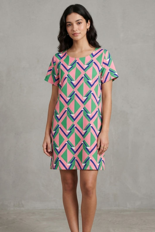 Pink & Green Triangle Print Shift Dress