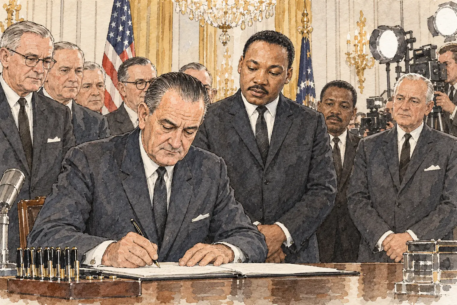 Johnson signed the Civil Rights Act on 2 July 1964, with King and other civil rights leaders standing behind him.