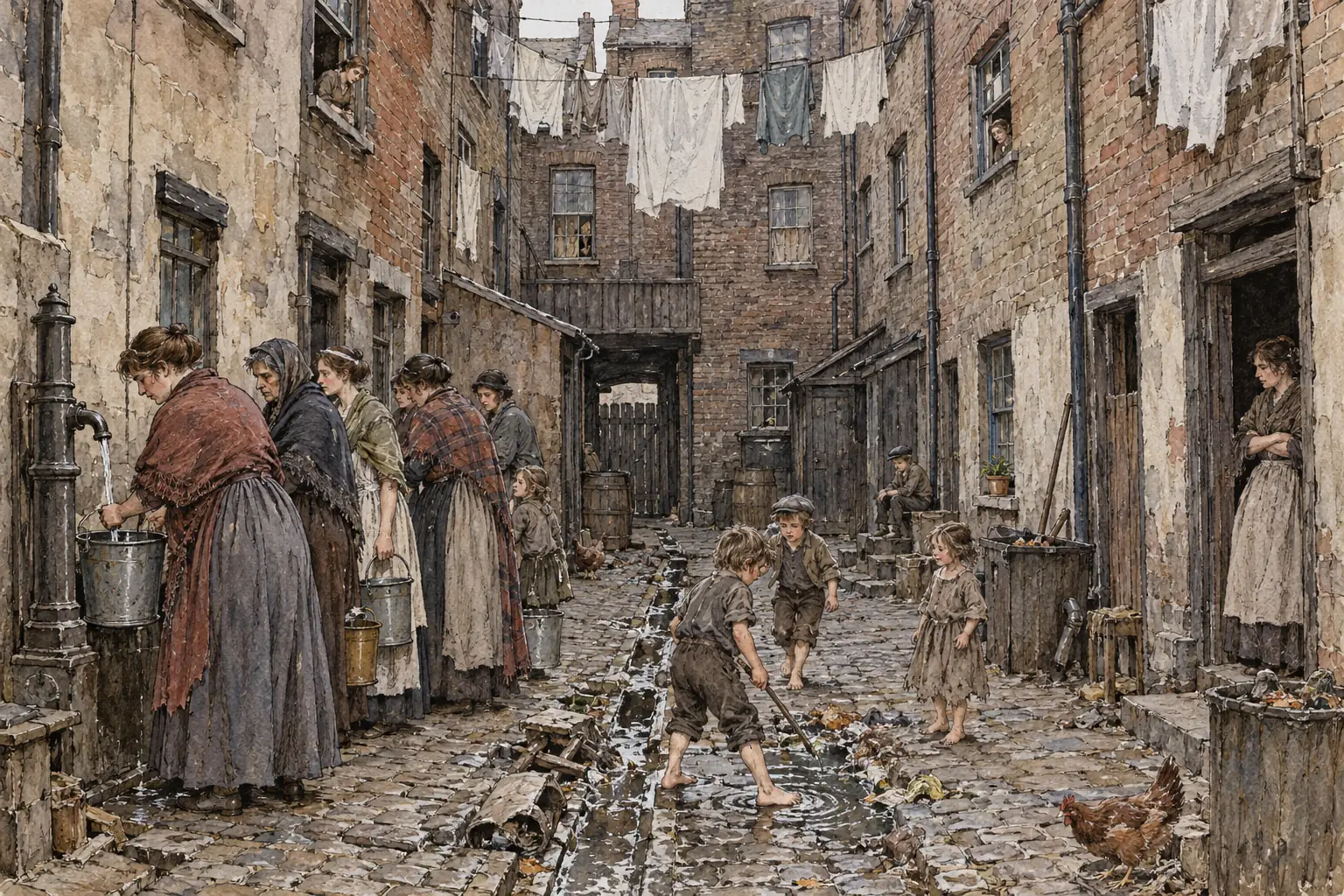 Households in the courts shared a water standpipe beside open drains, which spread disease