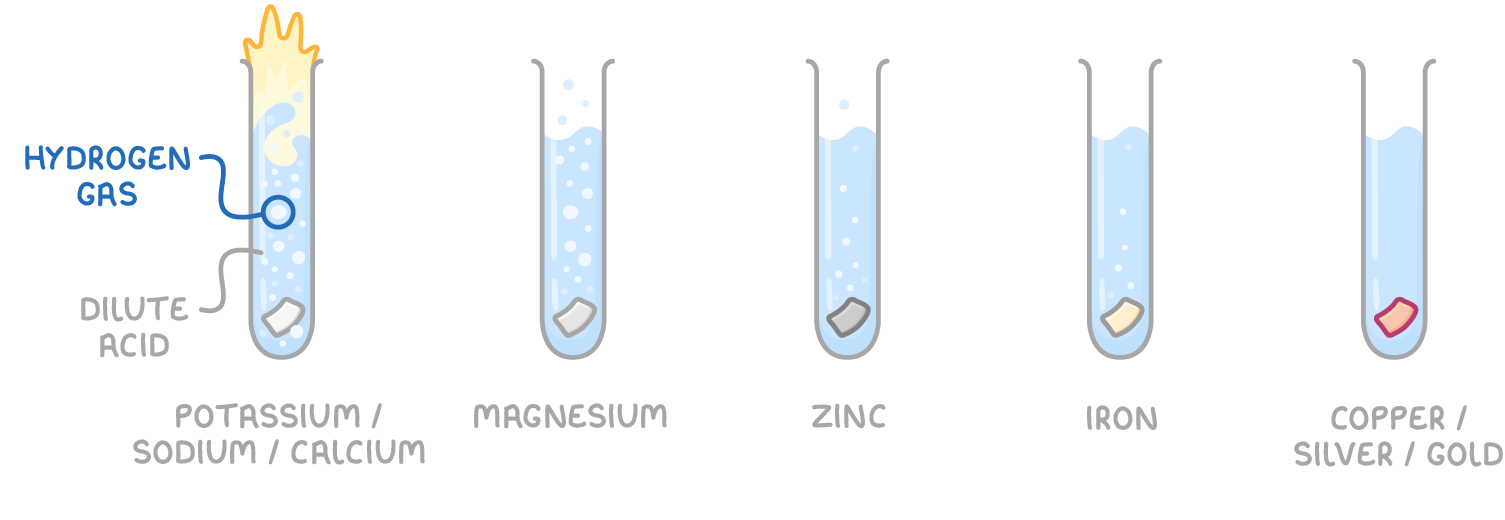 Five test tubes of dilute acid in which hydrogen gas bubbles thin out from a flaming tube for potassium, sodium or calcium, through magnesium, zinc, and iron, to none for copper, silver or gold.