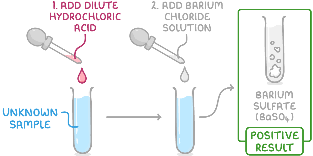 Droppers add dilute hydrochloric acid then barium chloride solution to a tube of unknown sample, with an arrow to a green box showing a tube of white solid labelled barium sulfate (BaSO4), positive result.