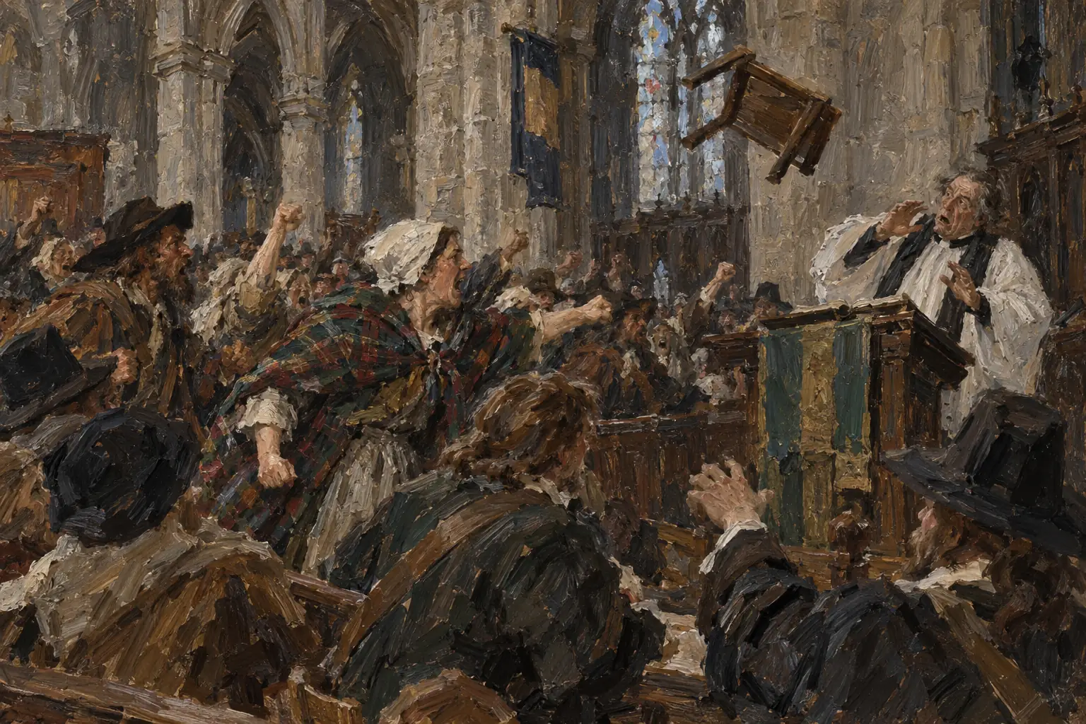 In July 1637 the first reading from the new Prayer Book in St Giles' Cathedral, Edinburgh, set off a riot