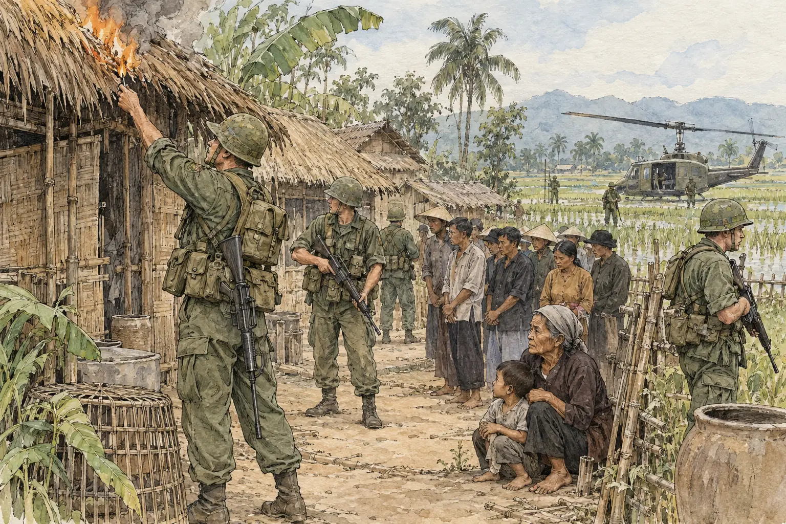 US troops on Search and Destroy missions often burned villages suspected of helping the Vietcong, which turned many civilians against the Americans.