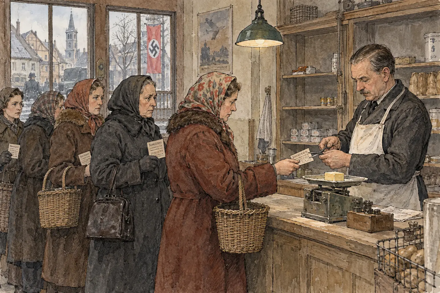 From 1939 food, clothing and fuel were rationed and bought with coupons