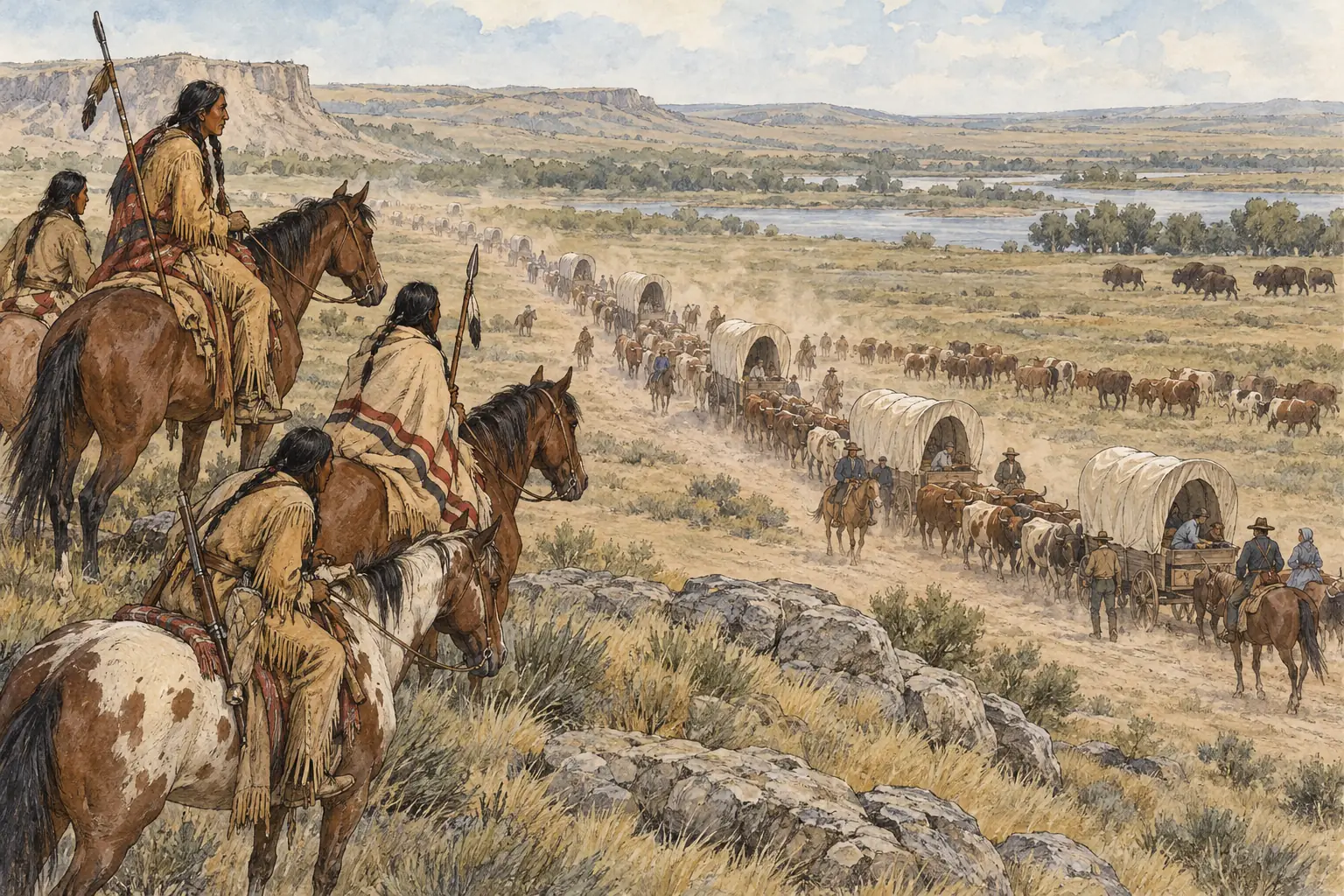 From the 1840s, wagon trains and their cattle crossed the Plains in growing numbers, grazing the grass and driving away the buffalo.