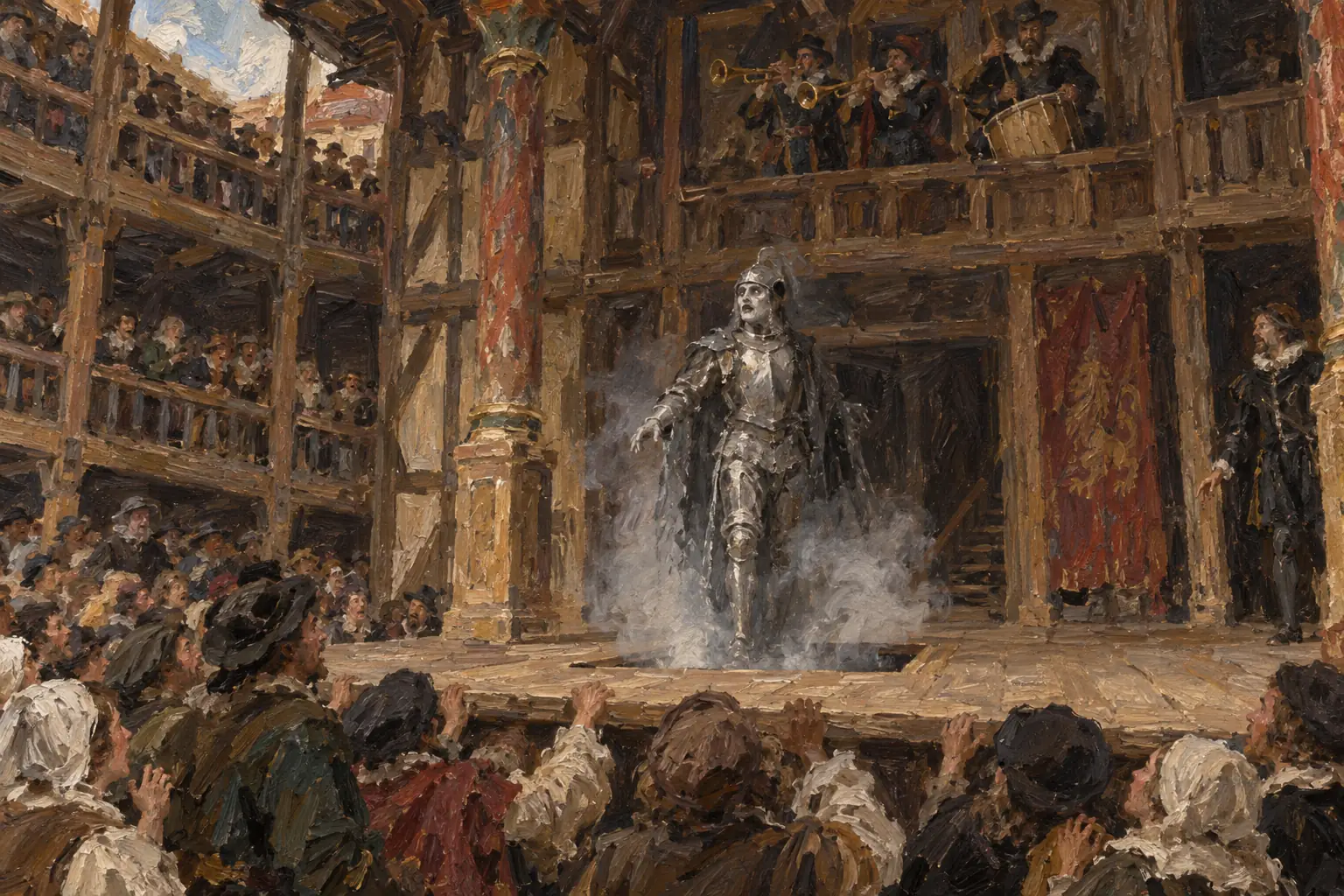 Trapdoors let actors appear from below the stage, and musicians played in a gallery above it.