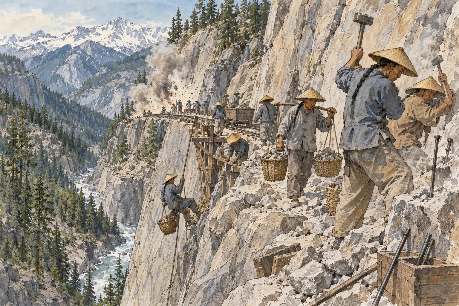 Chinese workers on the Central Pacific cut a path for the line through the Sierra Nevada