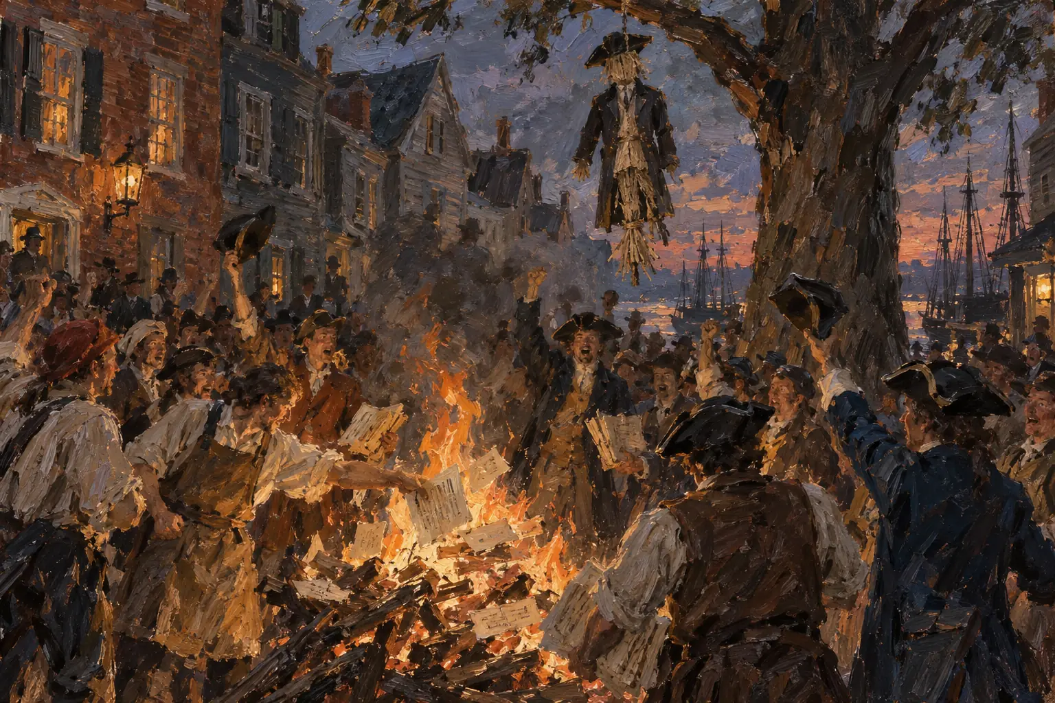 In August 1765 crowds in Boston hanged an effigy of the man appointed to distribute the stamps, and protests across the colonies forced the repeal of the Stamp Act in 1766.