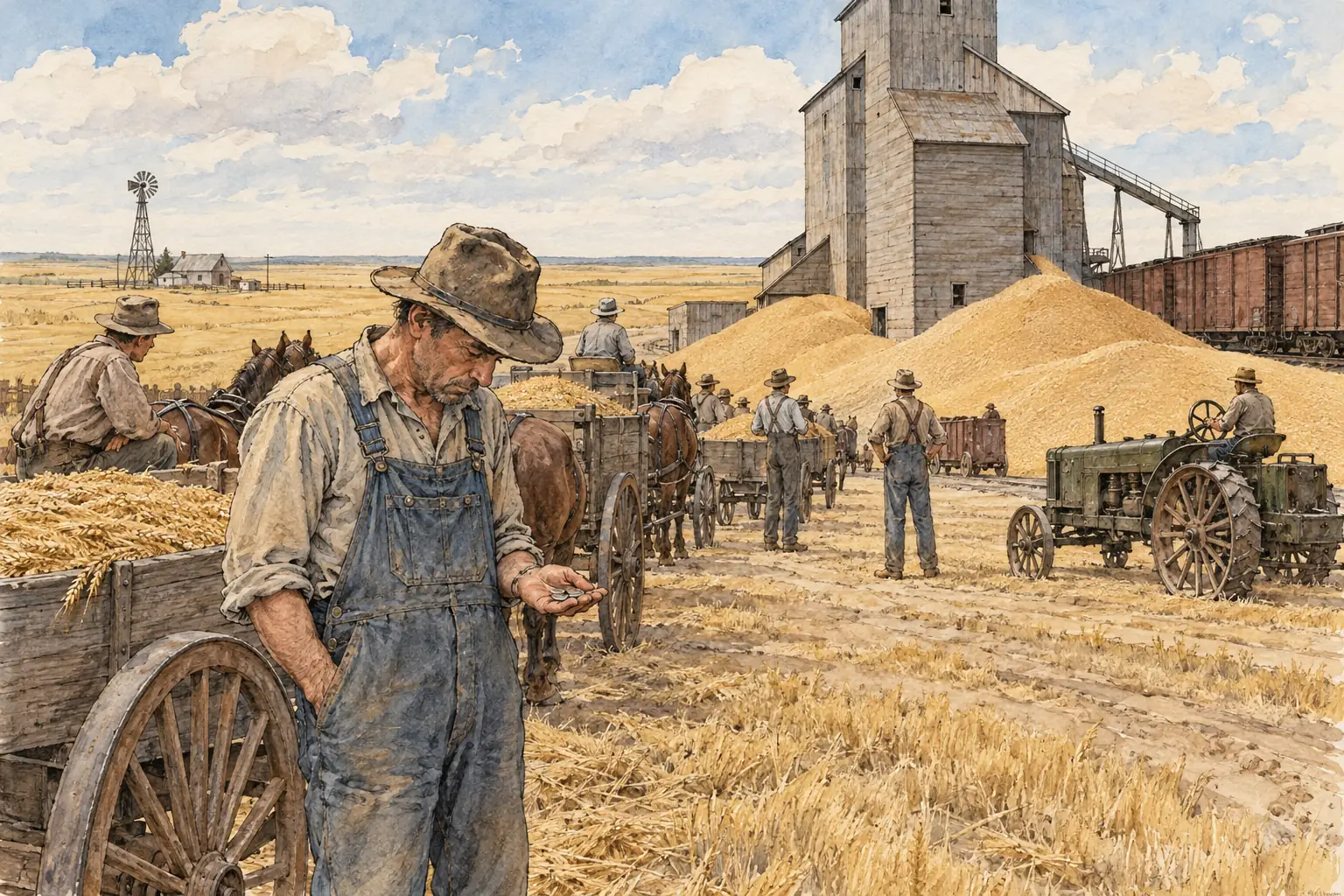 Farmers grew more wheat than they could sell, so prices fell while their debts remained