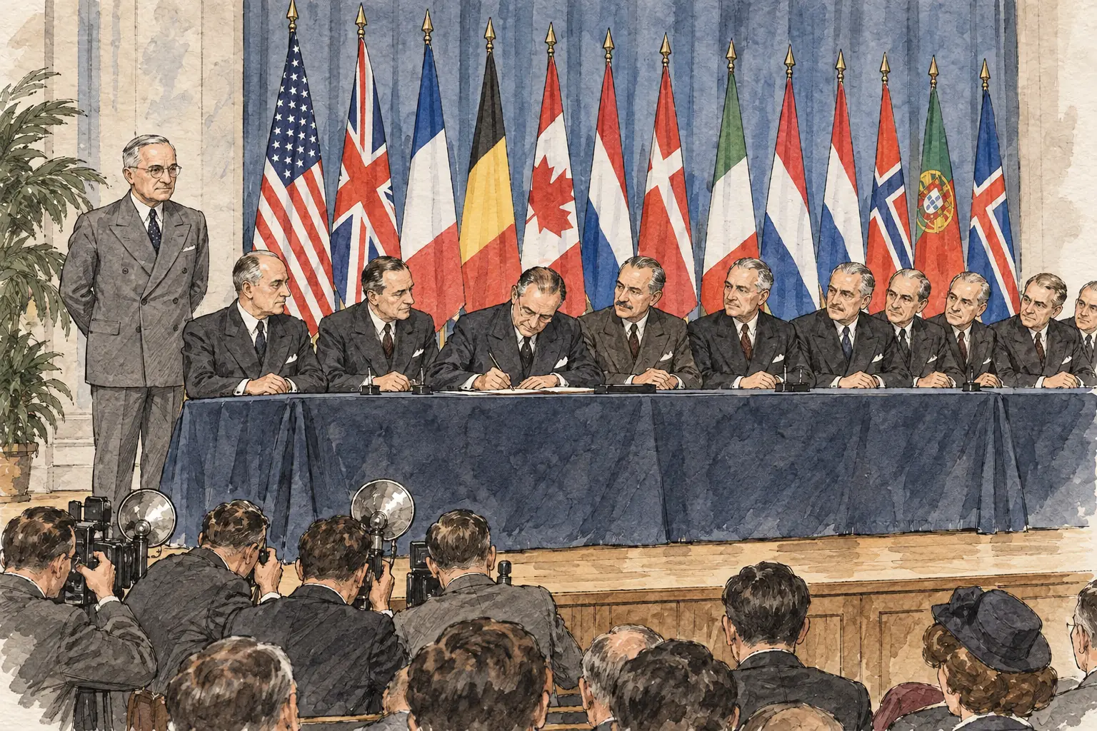 Twelve countries signed the North Atlantic Treaty in Washington on 4 April 1949, with President Truman watching.