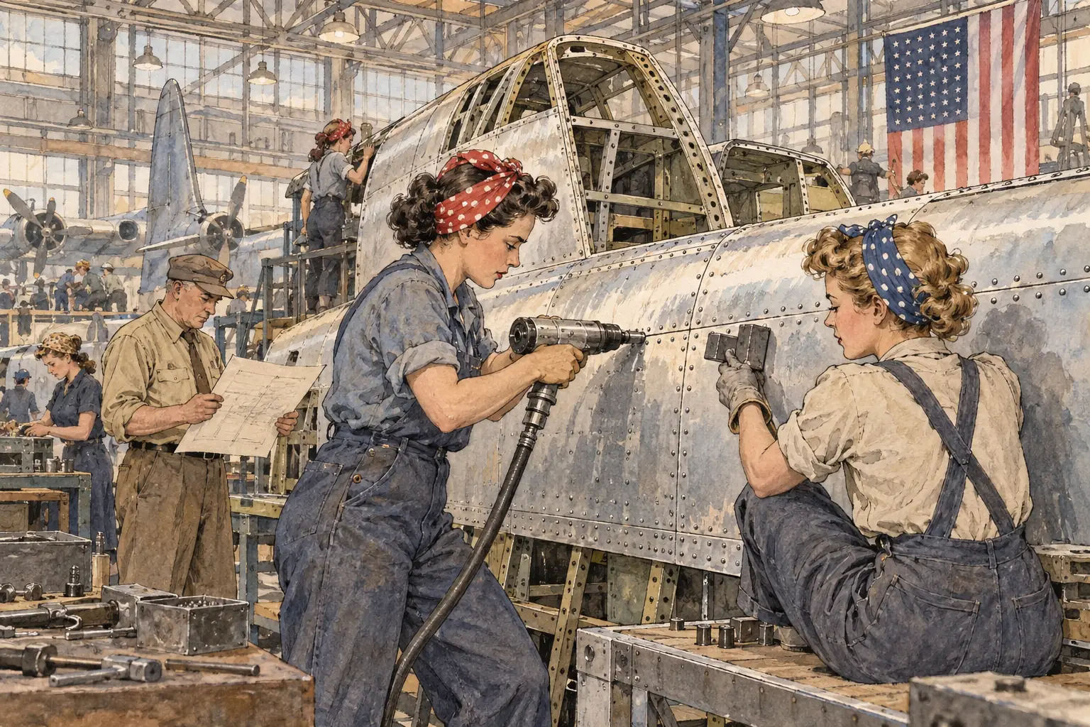 Women took jobs in aircraft factories and shipyards, many of them as riveters and welders