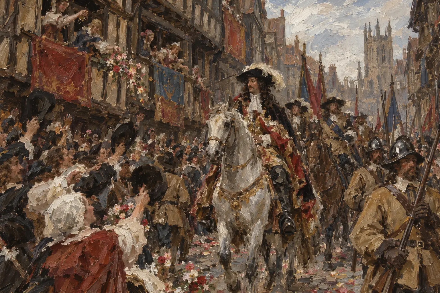 On 29 May 1660, his 30th birthday, Charles II rode into London through cheering crowds, and the monarchy was restored.