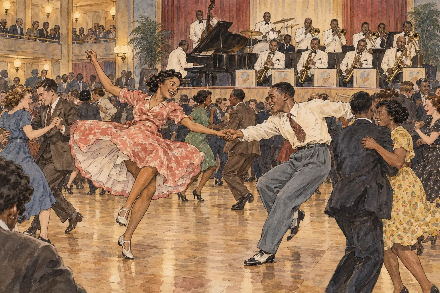 Swing bands drew crowds of young dancers to ballrooms such as the Savoy in Harlem