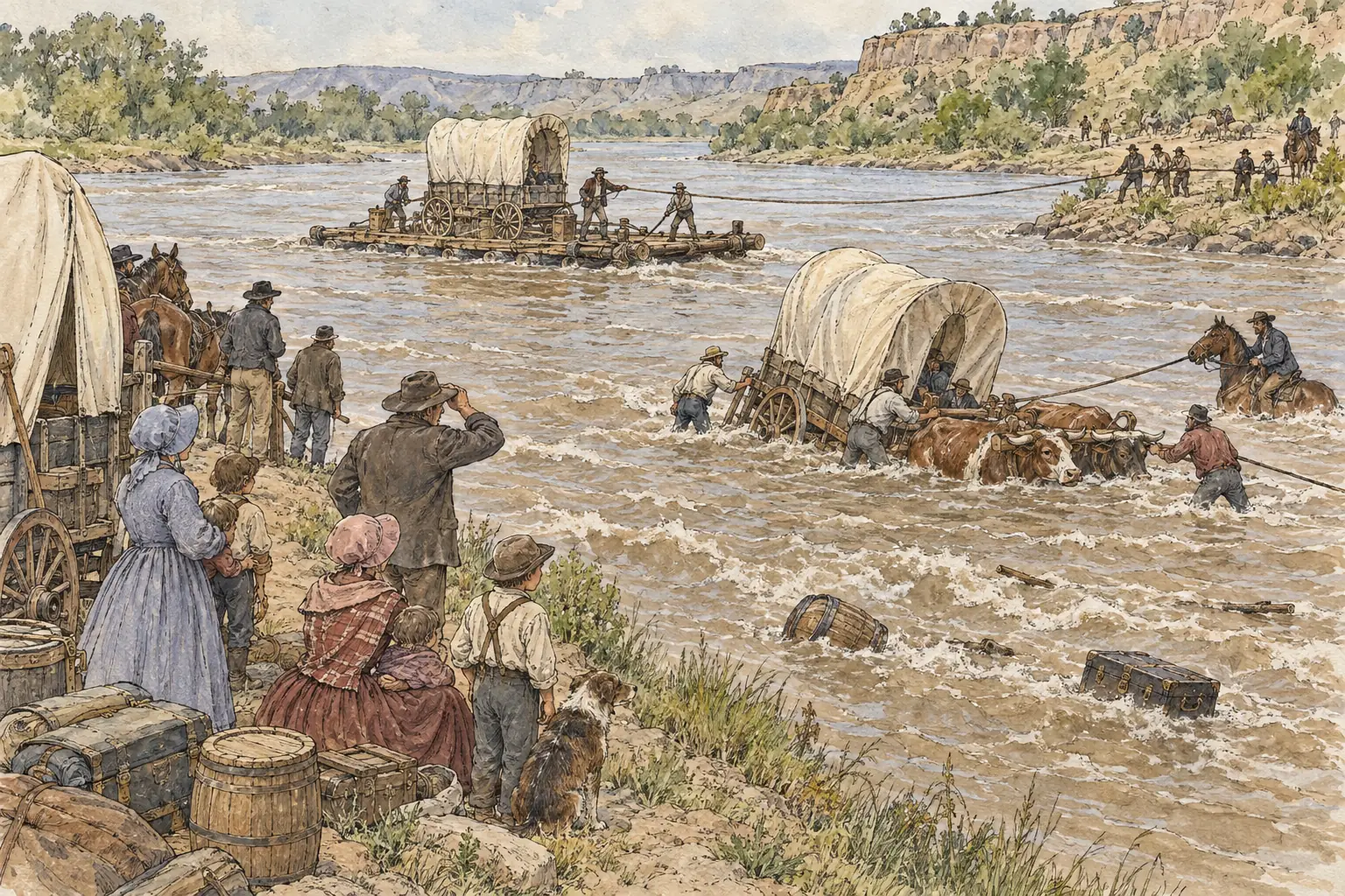Emigrants floating their wagons across a swollen river, one of the most dangerous parts of the journey