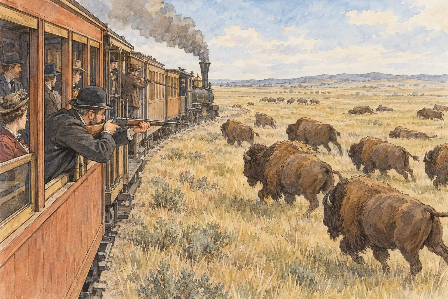 Passengers shooting buffalo from a train for sport