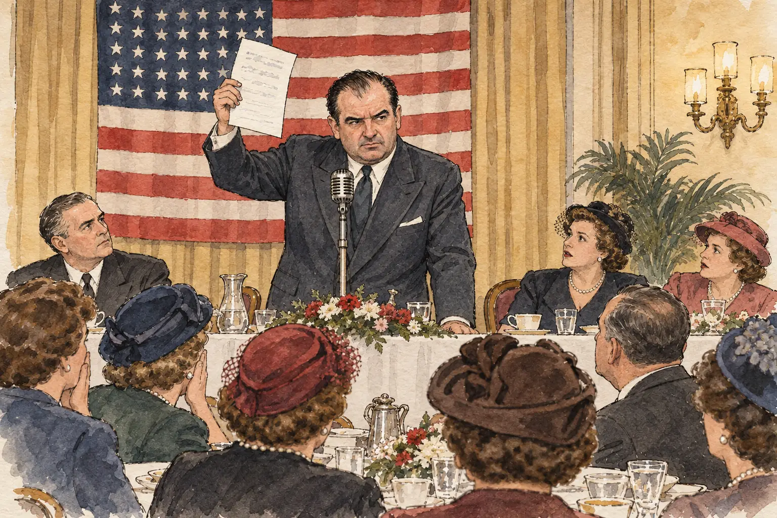In a speech in Wheeling, West Virginia, on 9 February 1950, McCarthy claimed to hold a list of communists working in the State Department, but he never made the list public.