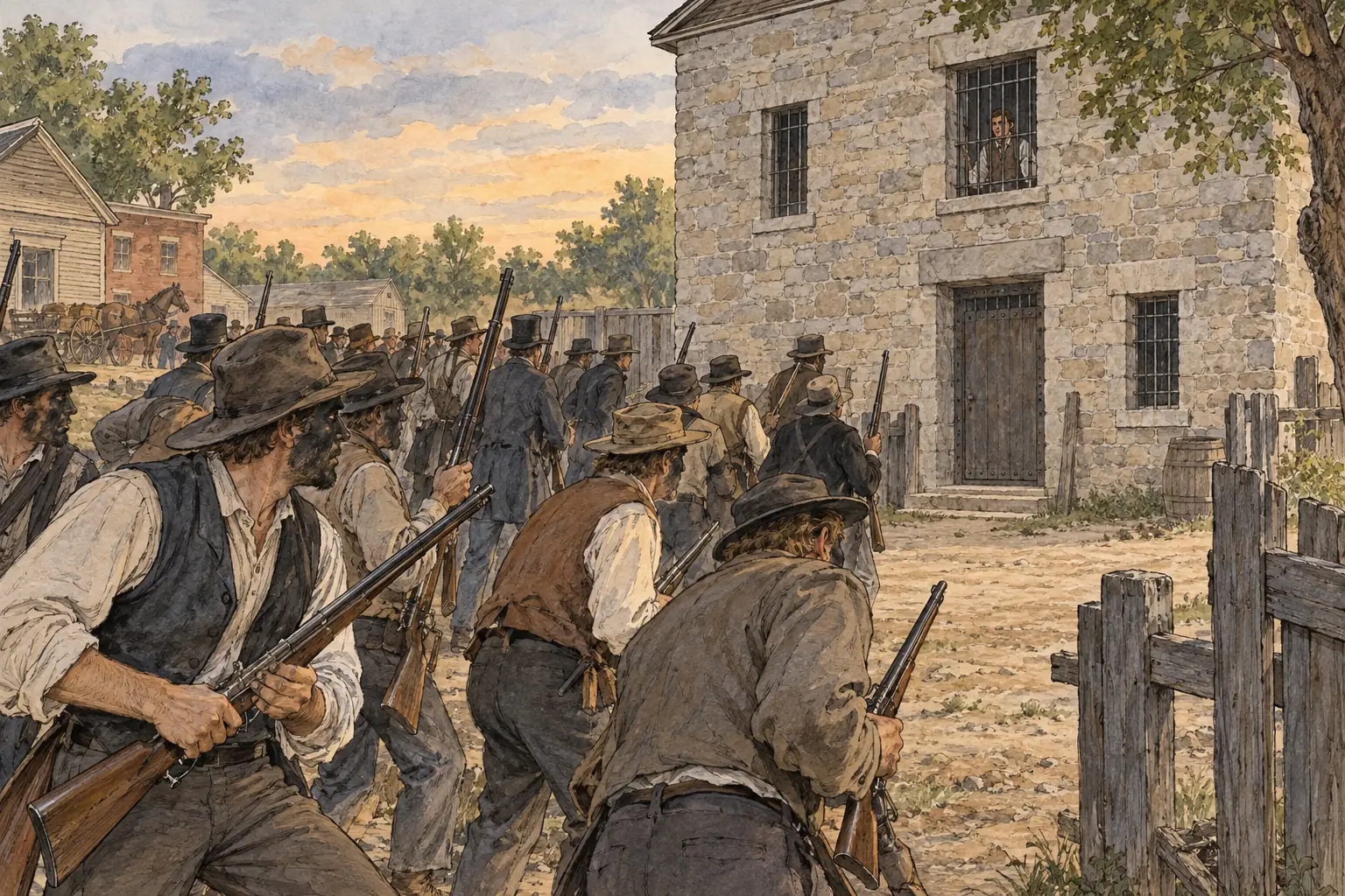 In June 1844 a mob with blackened faces stormed the jail at Carthage, Illinois, and murdered the Mormon leader Joseph Smith.