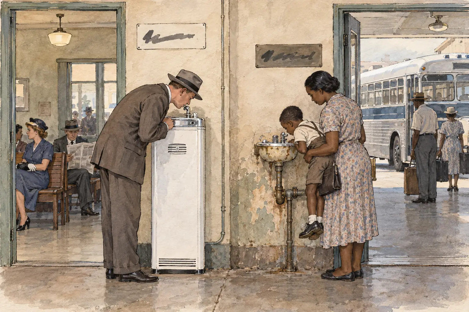 Jim Crow laws separated Black and white Americans in bus stations and waiting rooms, and even at drinking fountains