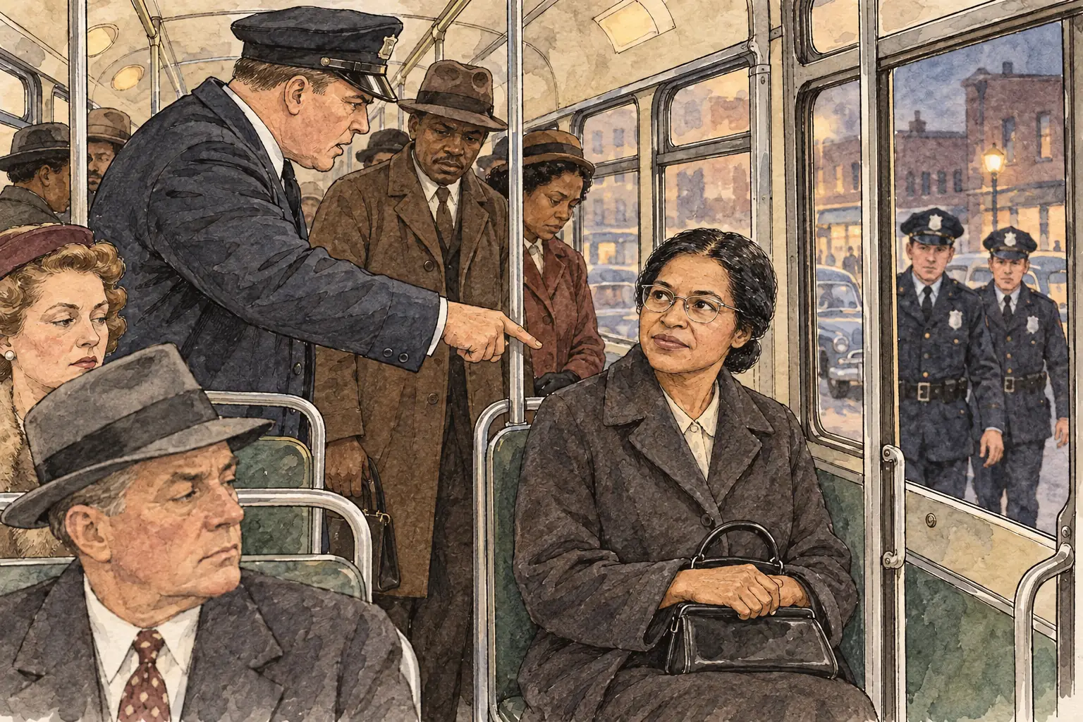 On 1 December 1955 Rosa Parks refused the driver's order to give up her seat to a white passenger, and she was arrested.
