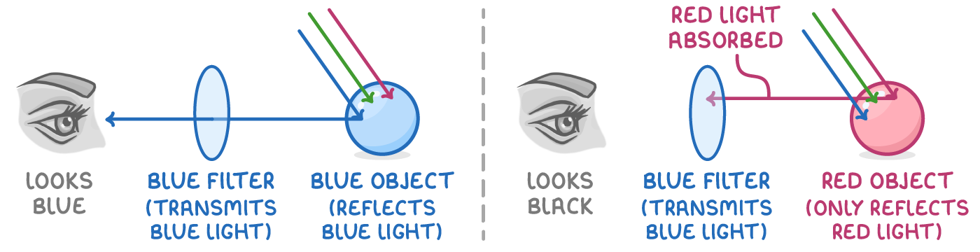 Two panels: an eye viewing a blue ball through a blue filter, labelled looks blue, and an eye viewing a red ball through the same filter, labelled looks black and red light absorbed.
