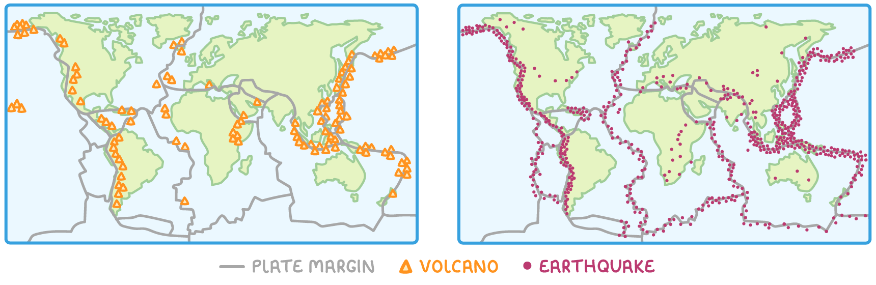 Two world maps showing the plate margins. The first marks volcanoes and the second marks earthquakes. Both follow the plate margins, crowding around the edge of the Pacific Ocean.