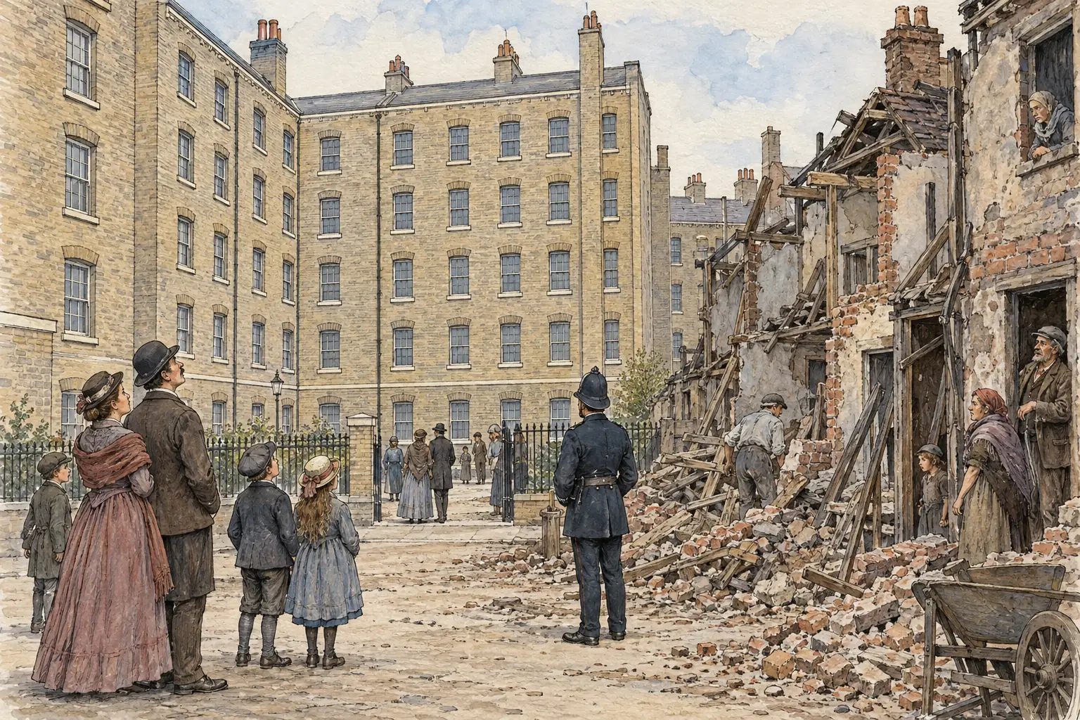 Model dwellings such as the Peabody Estate of 1881 replaced some slums with clean, low-cost flats, but housed only a small share of the poor.