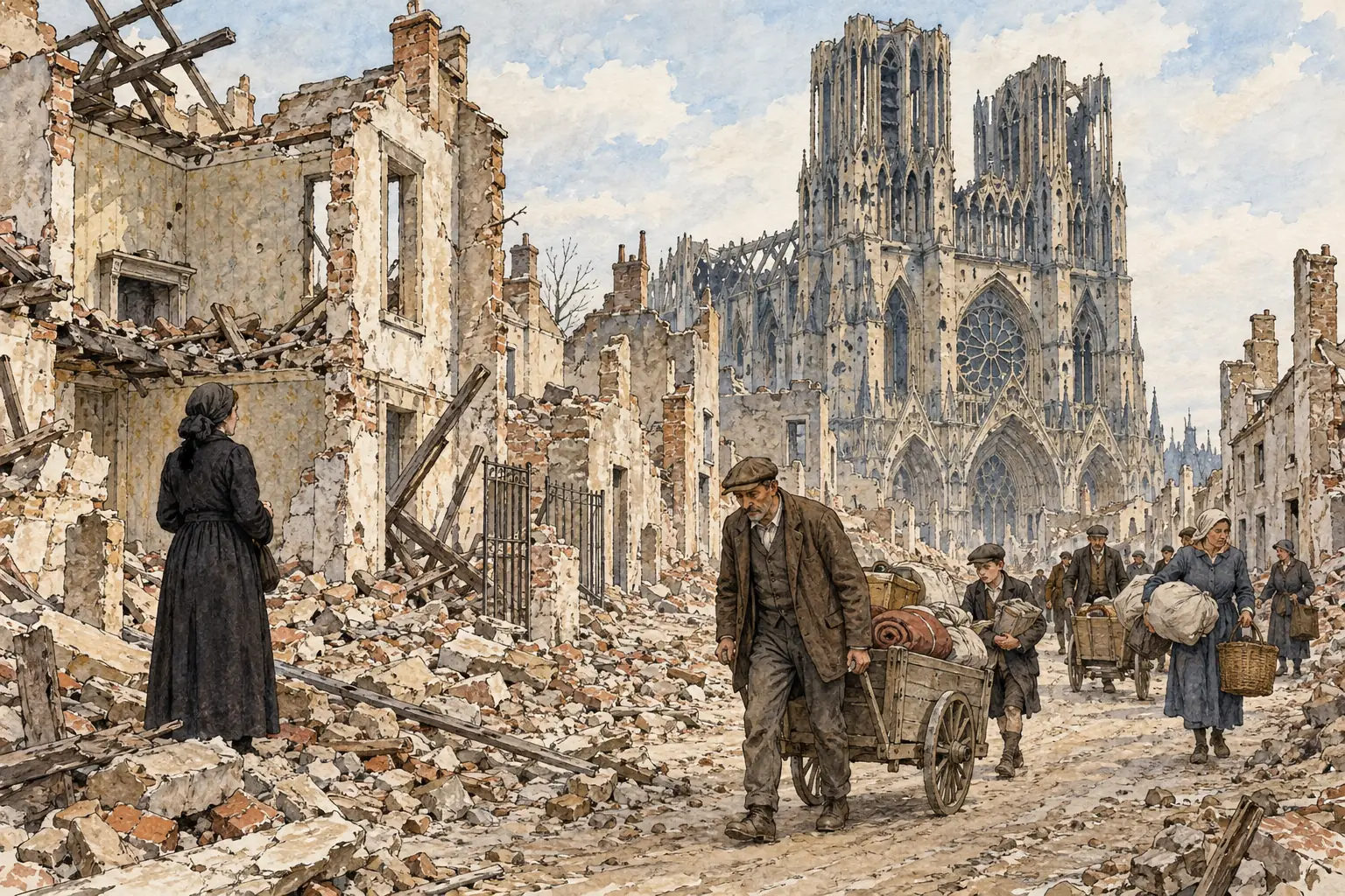 Much of north-eastern France, including the city of Reims and its cathedral, was left in ruins by the war, which is why Clemenceau demanded reparations to rebuild.