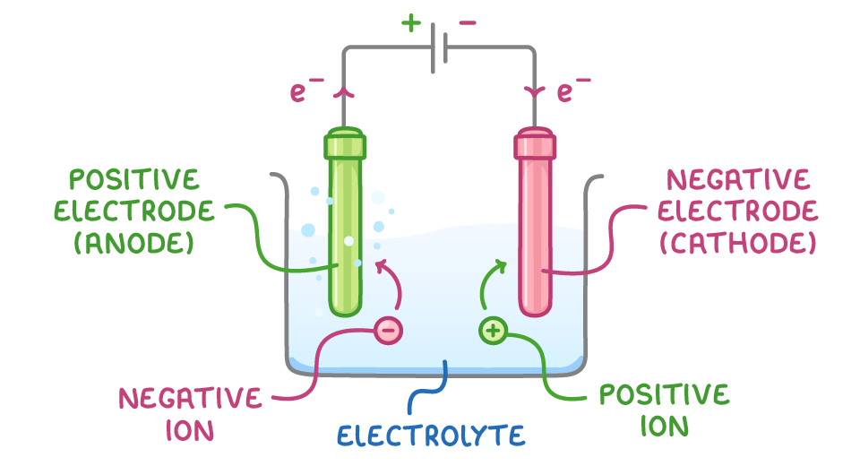 A beaker of electrolyte with e- arrows in the wires, a negative ion arrowed to the positive electrode (anode), where bubbles rise, and a positive ion arrowed to the negative electrode (cathode).