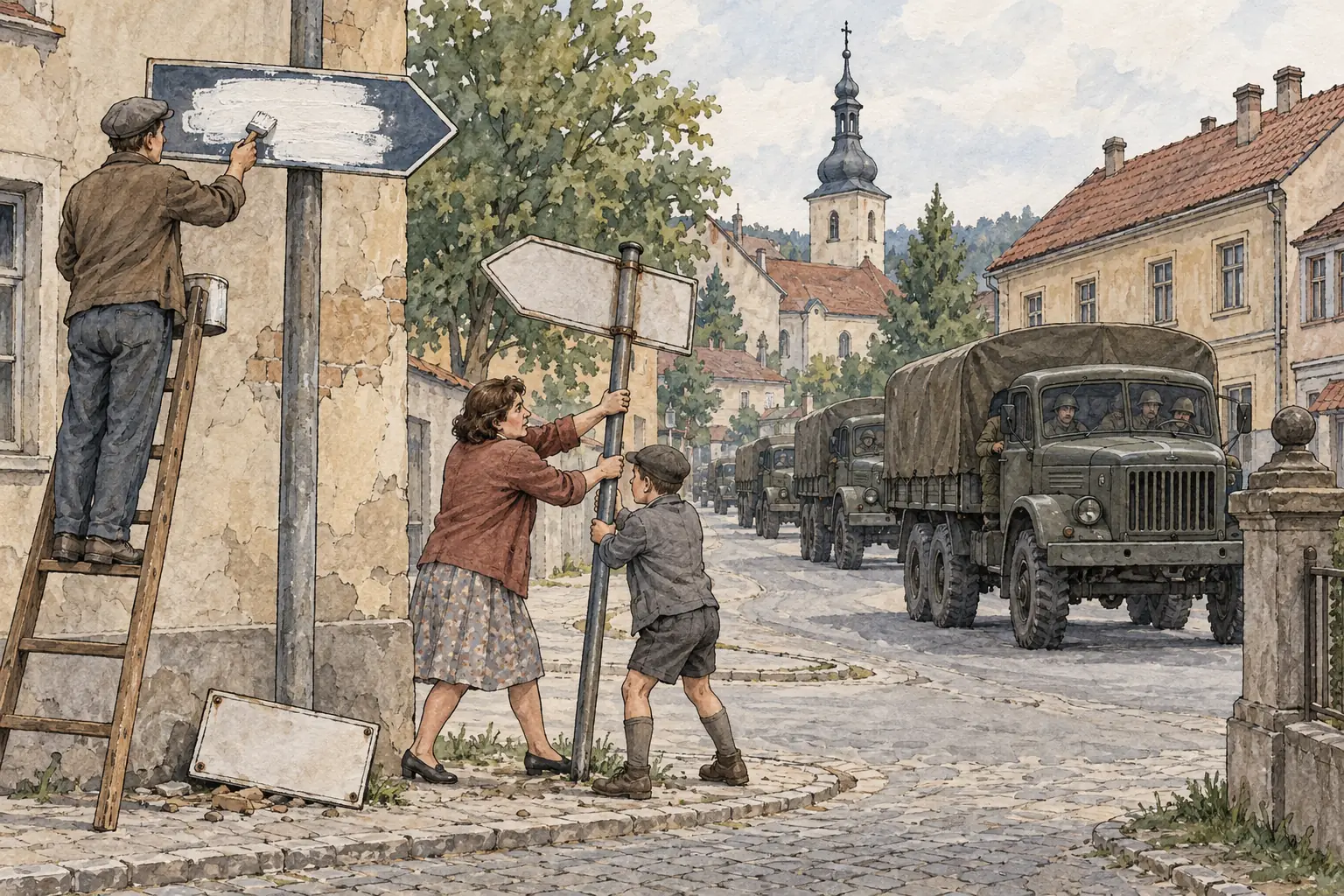 People took down or painted over road signs to confuse the invading forces