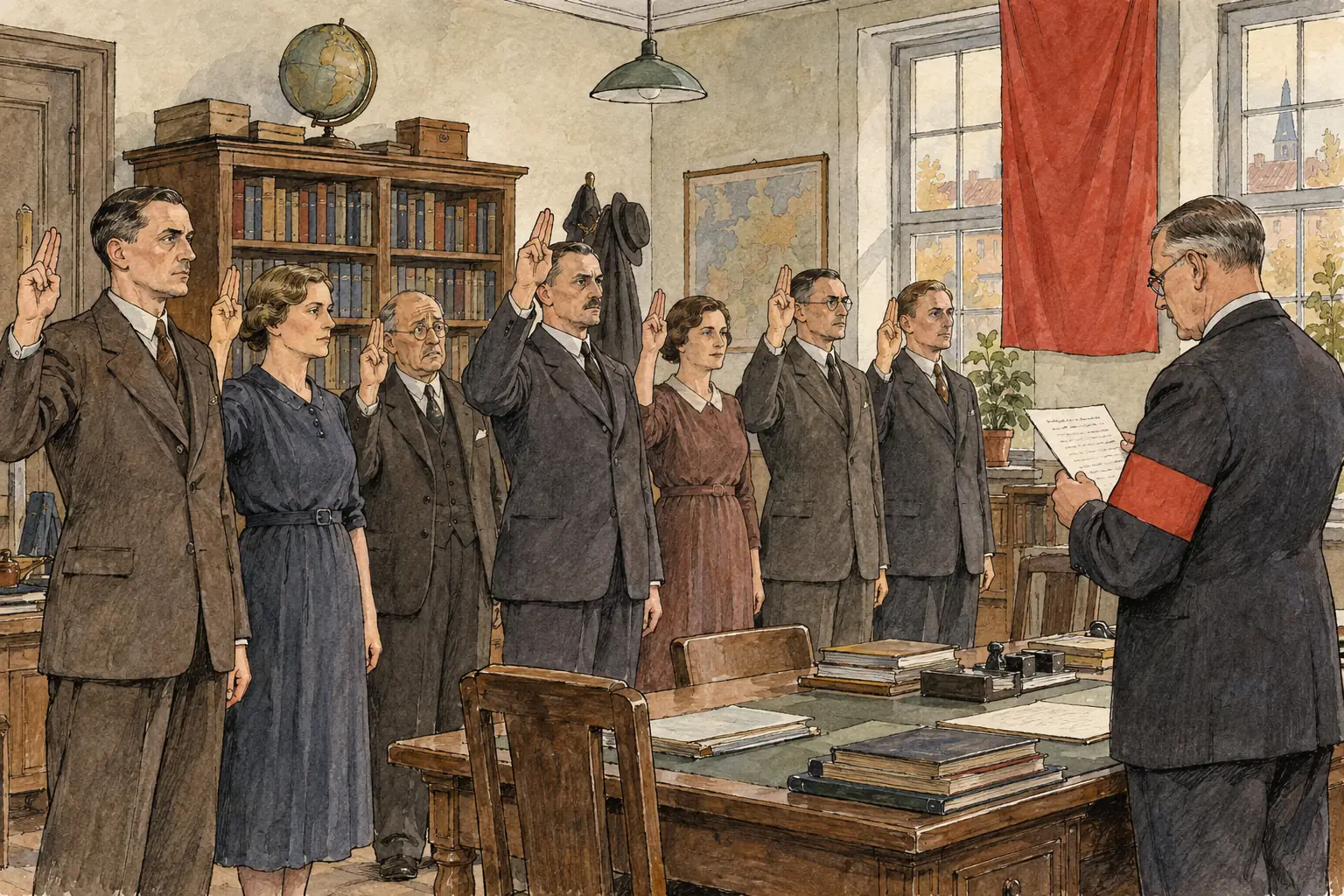Teachers had to swear an oath of loyalty to Hitler, and by 1936 nearly all had joined the Nazi Teachers' League.