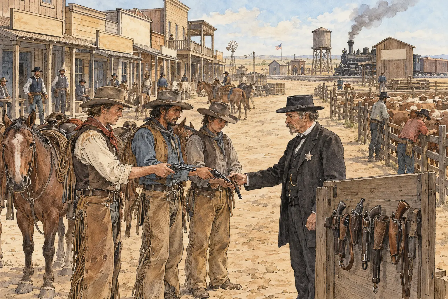 Cattle towns such as Dodge City made visitors hand in their guns, to prevent shootings when the herds and cowboys arrived.