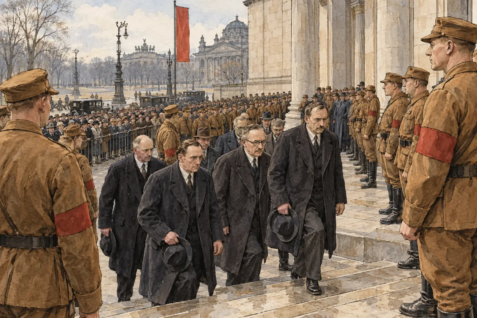 On 23 March deputies had to pass lines of SA men to reach the Kroll Opera House, where the Enabling Act was passed by 444 votes to 94