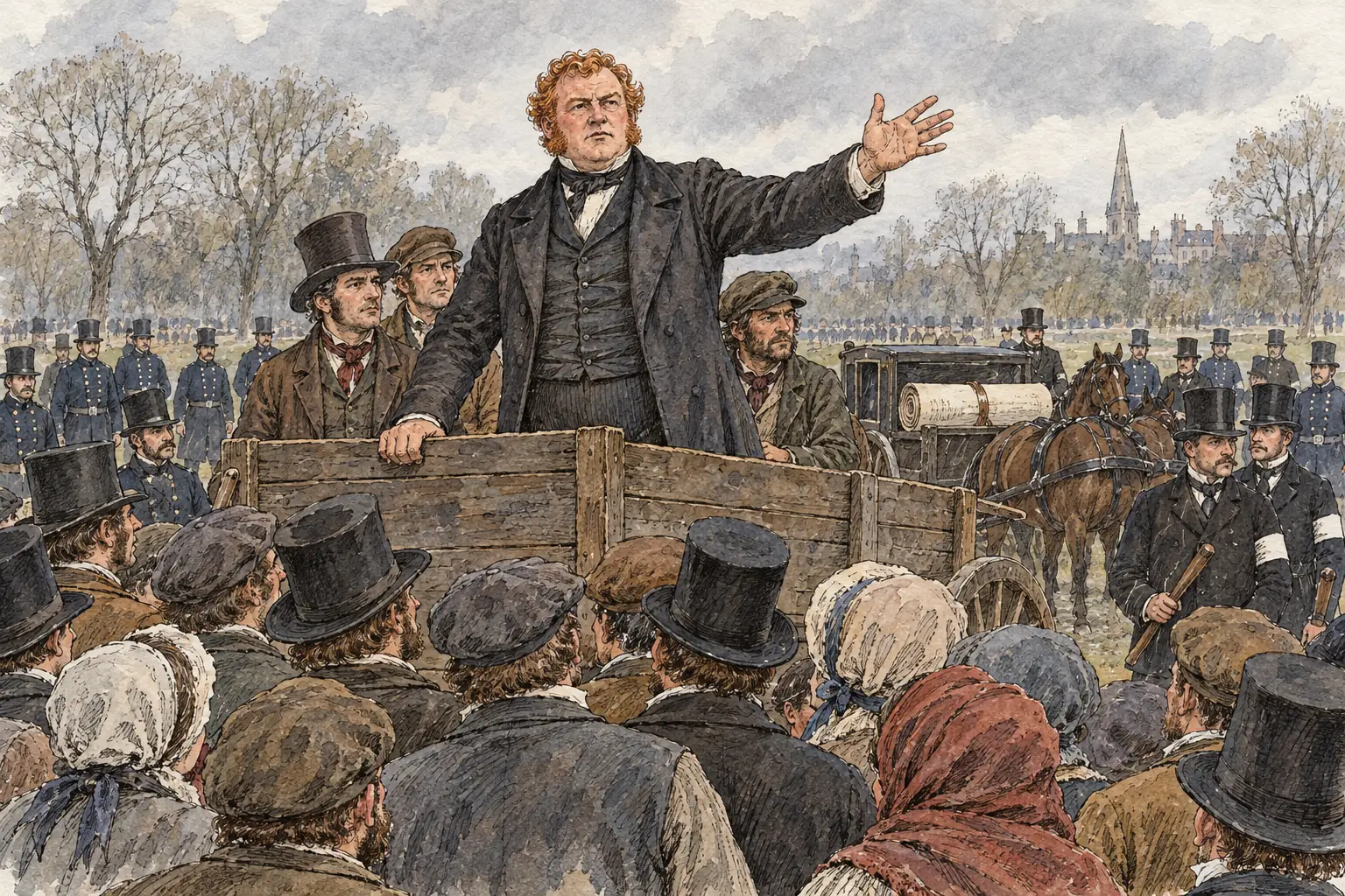 On 10 April 1848 the government gathered police, soldiers and special constables against the Chartist meeting on Kennington Common, and O'Connor persuaded the crowd to disperse.