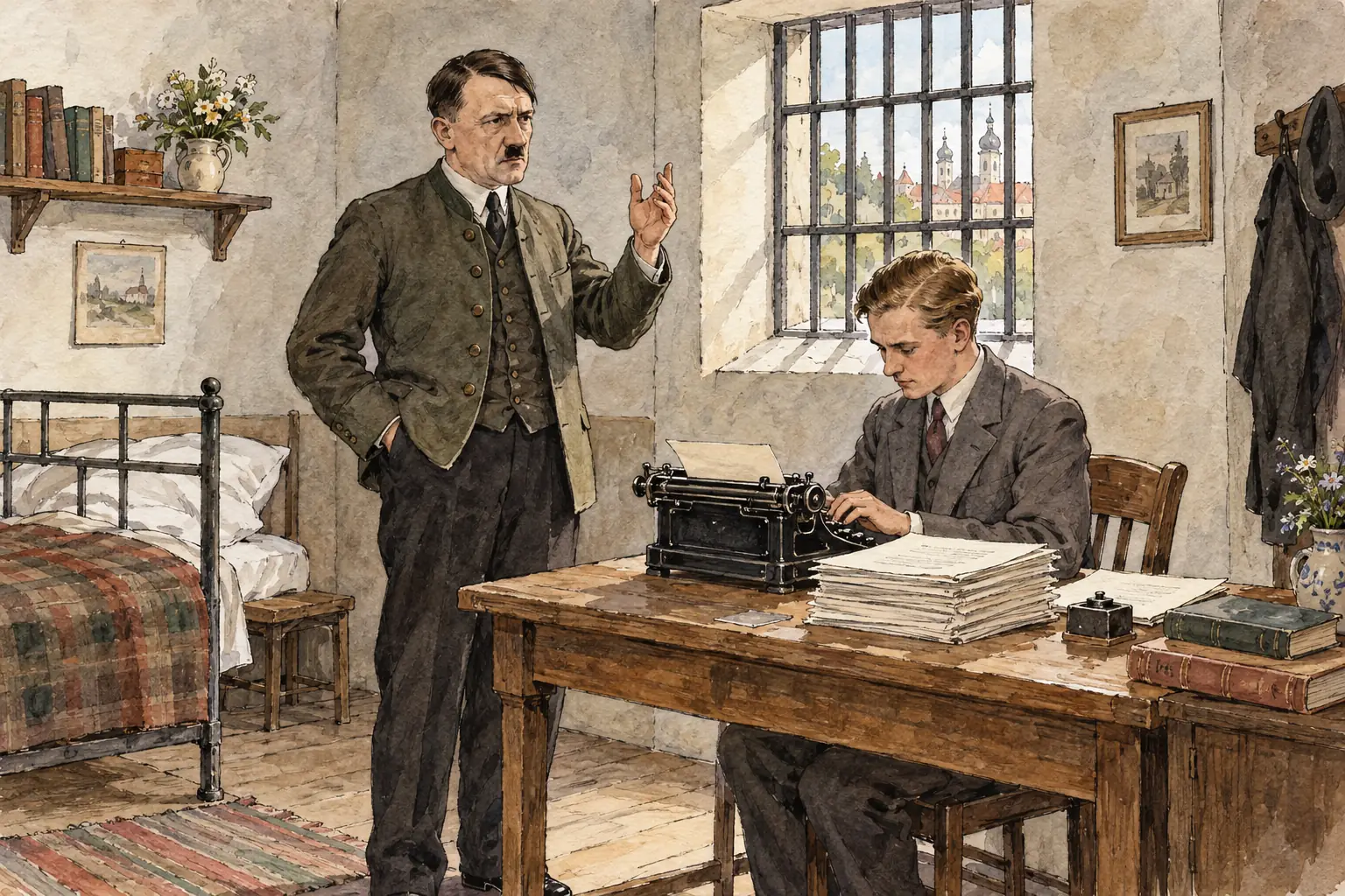 In comfortable conditions in Landsberg Prison, Hitler dictated Mein Kampf, setting out his antisemitism, the need for Lebensraum and the Führer principle.