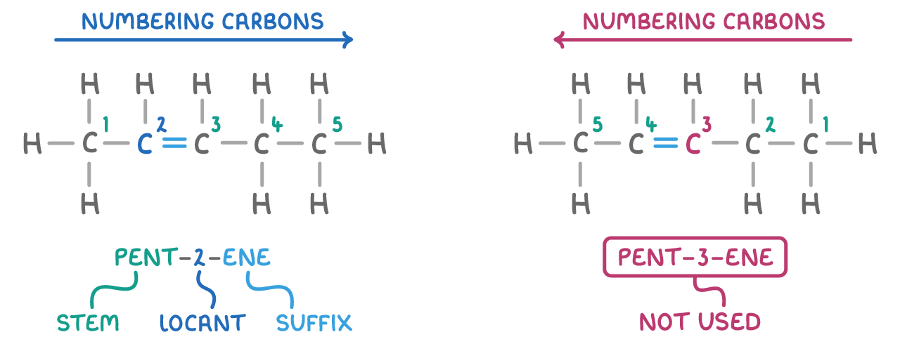 The same five-carbon alkene drawn twice and numbered from opposite ends, the left one labelled pent-2-ene with its parts marked stem, locant and suffix, the right labelled pent-3-ene and not used.