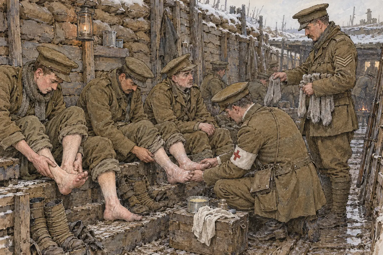 Feet kept in cold water and mud for long periods developed trench foot, which could lead to gangrene and amputation