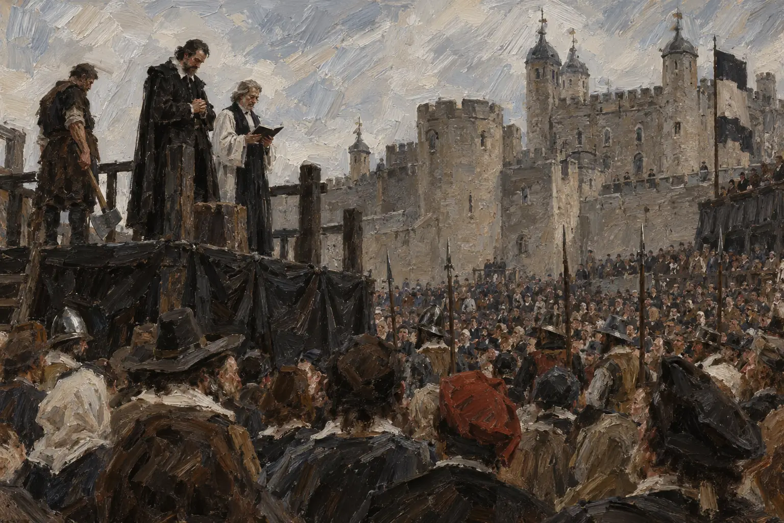 The Long Parliament had the Earl of Strafford, the king's leading adviser, condemned to death, and he was beheaded on Tower Hill in May 1641 before a huge crowd.