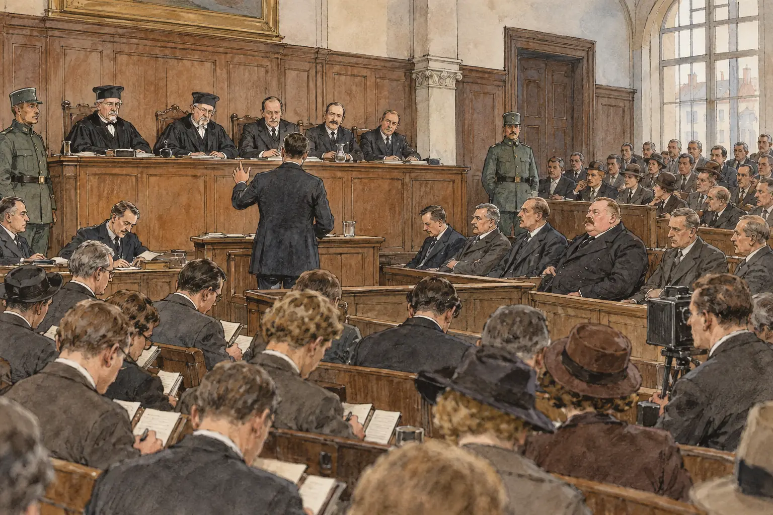 At his trial for high treason in Munich in 1924 Hitler used the courtroom to attack the Weimar Republic, while Ludendorff, tried alongside him, was acquitted.