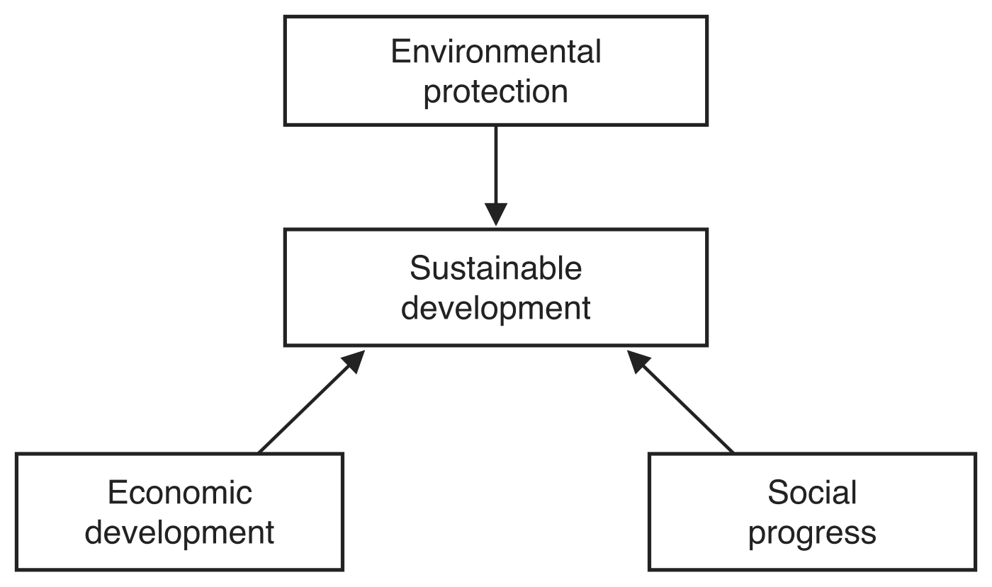Schematic of the three pillars of sustainable development. Three boxes - Environmental protection above, Economic development lower left and Social progress lower right - each have a solid arrow pointing into a central box labelled Sustainable development, showing that sustainable development is only reached where all three are held in balance.